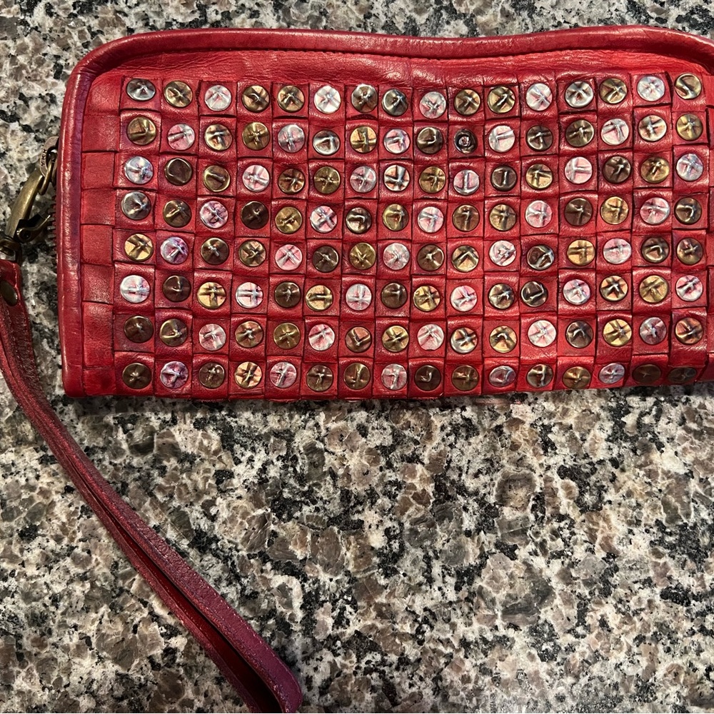 Red Studded Leather Wristlet